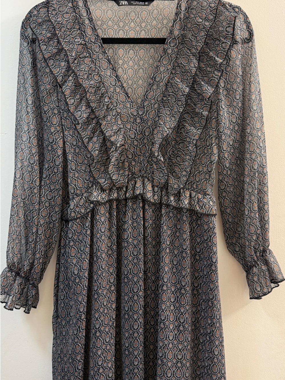 ZARA Boho Paisley Ruffle Maxi Dress Size S Blue Orange - Picture 3 of 13